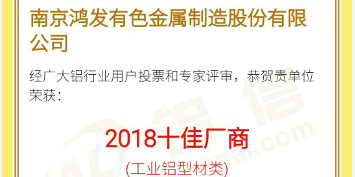 恭喜鴻發(fā)有色榮獲2018鋁行業(yè)十佳廠商！